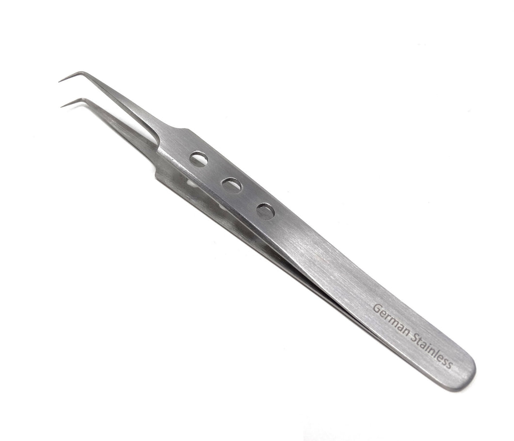 Stainless Steel 3D 5D 6D Volume False Eyelash Extension Tweezers X Type Right Angle 90 Degree, Self Retracting, Fenestrated Handle, Premium Quality