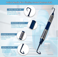 Load image into Gallery viewer, Hollow Handle Sickle Montana Jack Blue Titanium Double Ended Stainless Steel Dental Tool
