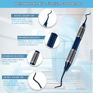 Hollow Handle Sickle Scaler 204S Blue Titanium Double Ended Stainless Steel Dental Tool