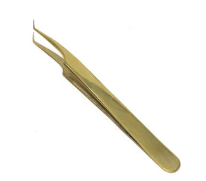 Stainless Steel 3D 5D 6D Volume False Eyelash Extension Tweezers A Type Angled, Gold Plated, Fine Point, Premium Quality