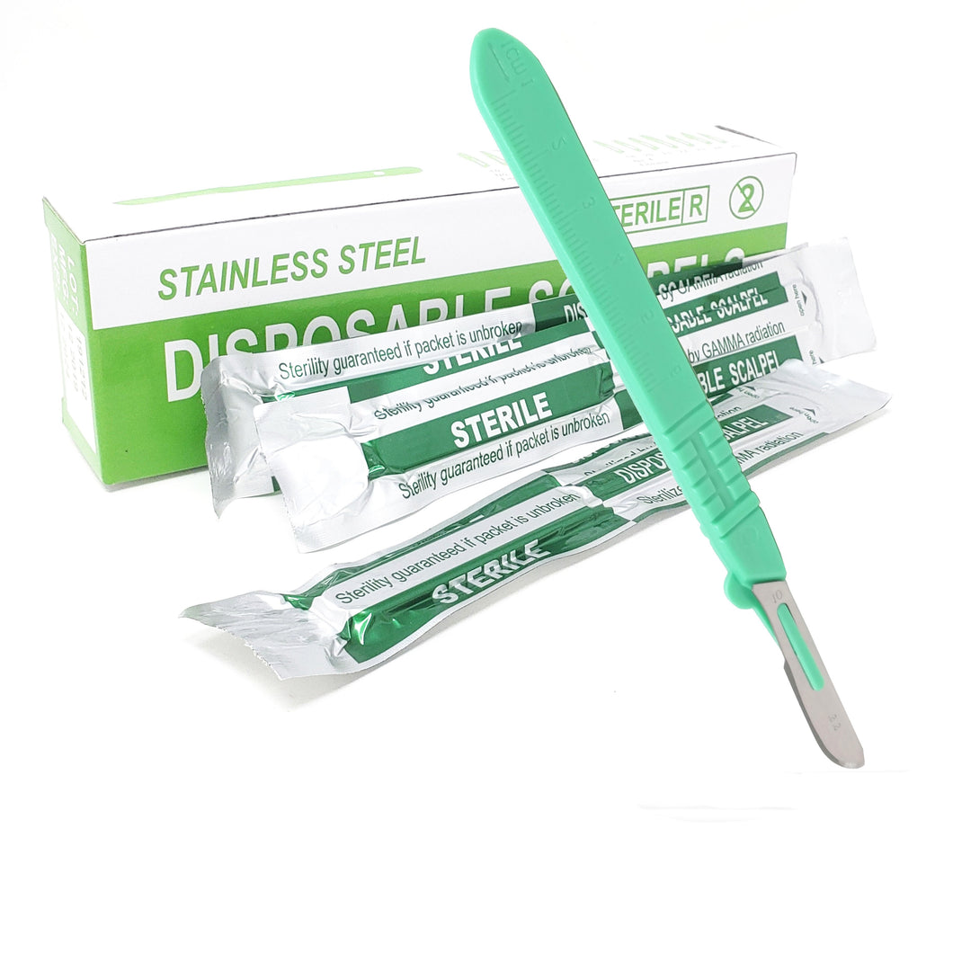 Disposable Scalpels #10, 10/bx Stainless Steel Blades, Plastic Handle