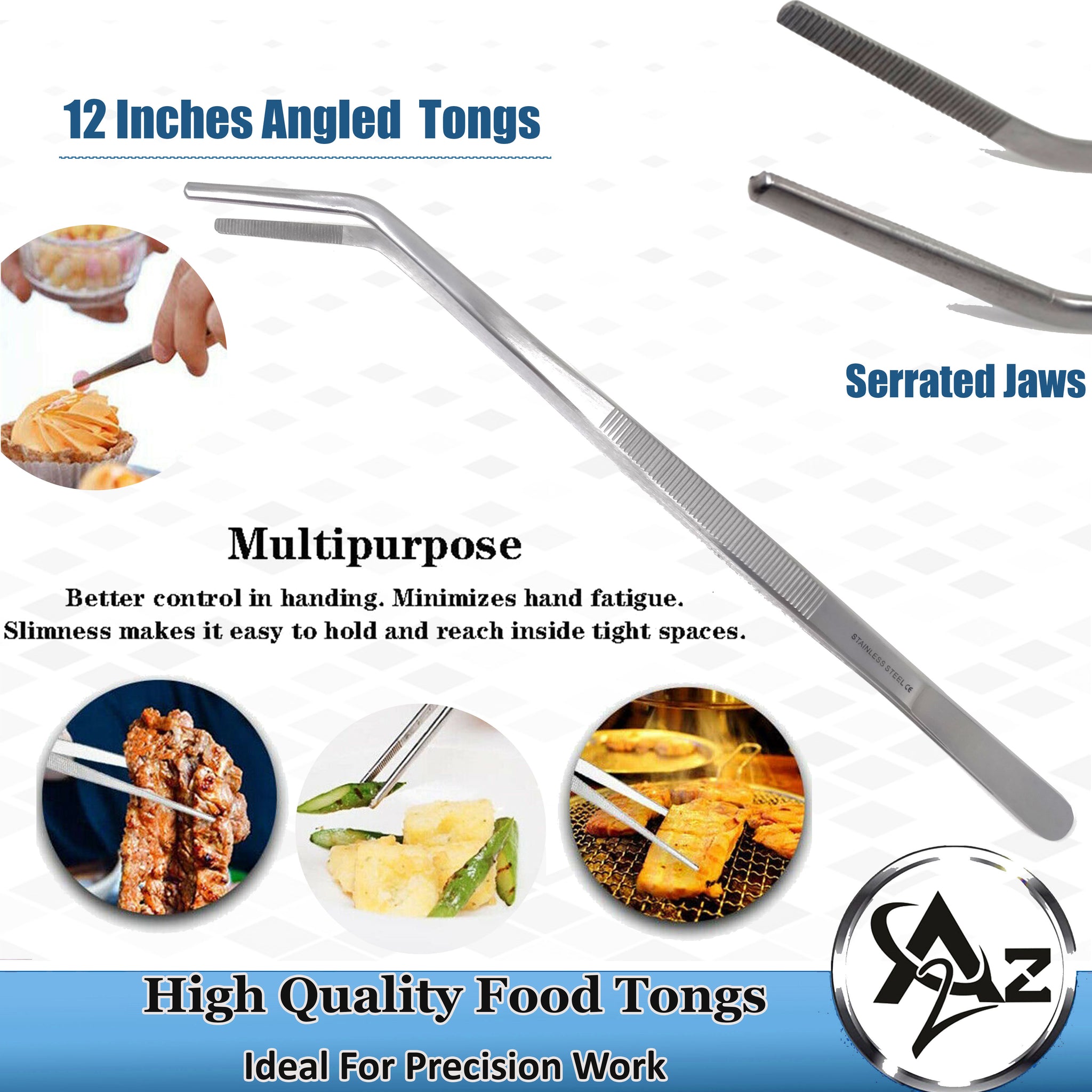 Kitchen Tweezers Stainless Steel Food Tongs Angled Serrated Tips 12 L –  A2ZSCILAB