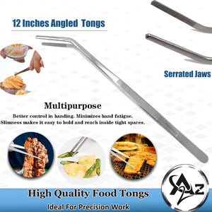 Kitchen Tweezers Stainless Steel Food Tongs Angled Serrated Tips 12" Large Tweezers for Commercial & Home Kitchen Use