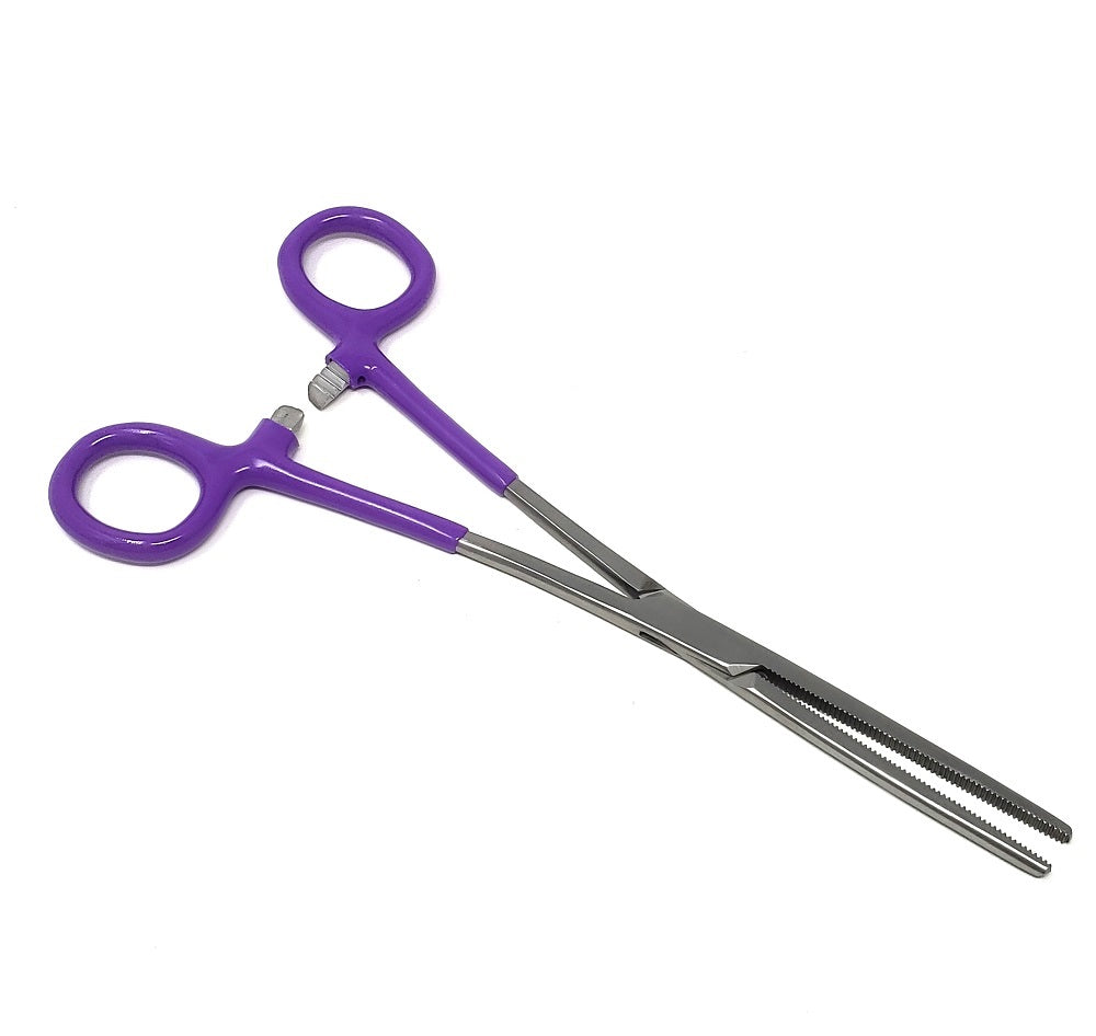 Pet Hair Pulling Serrated Ratchet Forceps, Stainless Steel Grooming Tool, Purple Vinyl Grip 8