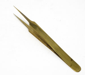 Stainless Steel 3D 5D 6D Volume False Eyelash Extension Tweezers A Type Straight, Gold Plated, Fine Point, Premium Quality