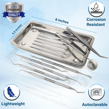 Load image into Gallery viewer, Dental Pick Floss 8 Pcs Hygiene Tools Scraper Tartar Remover Tweezers with Scaler Tray, Stainless Steel
