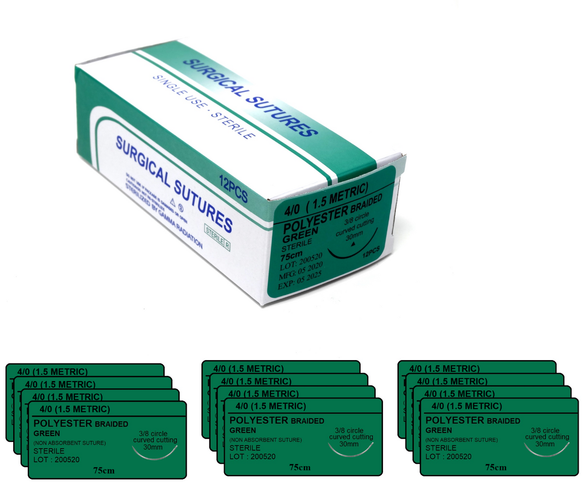 4/0 Polypropylene Surgical Sutures 12/pk Sterile Blue Braided Non-Abso ...