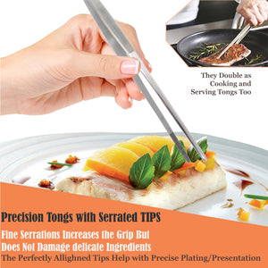 Kitchen Tweezers Stainless Steel Food Tongs Straight Serrated Tips 8" Long Tweezers for Serving, Garnishing, Plating Needs