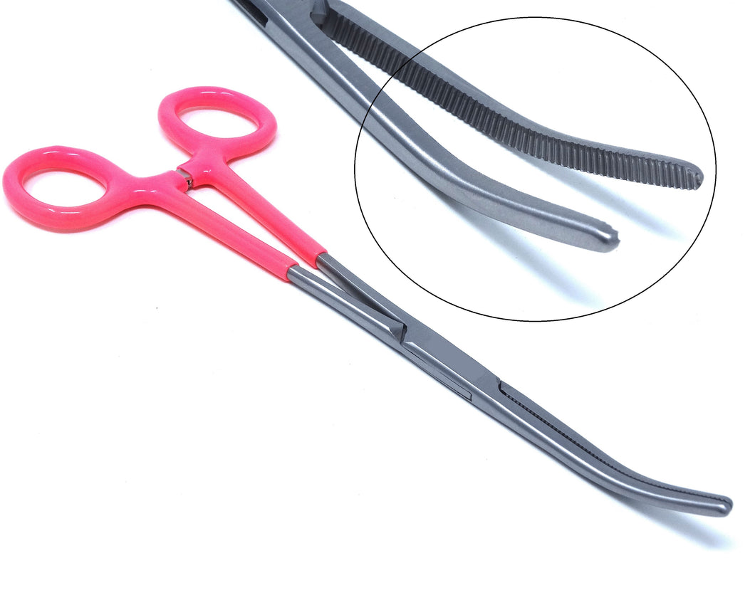 Pink PVC Vinyl Grip Handle Hemostat Forceps Curved Serrated 8
